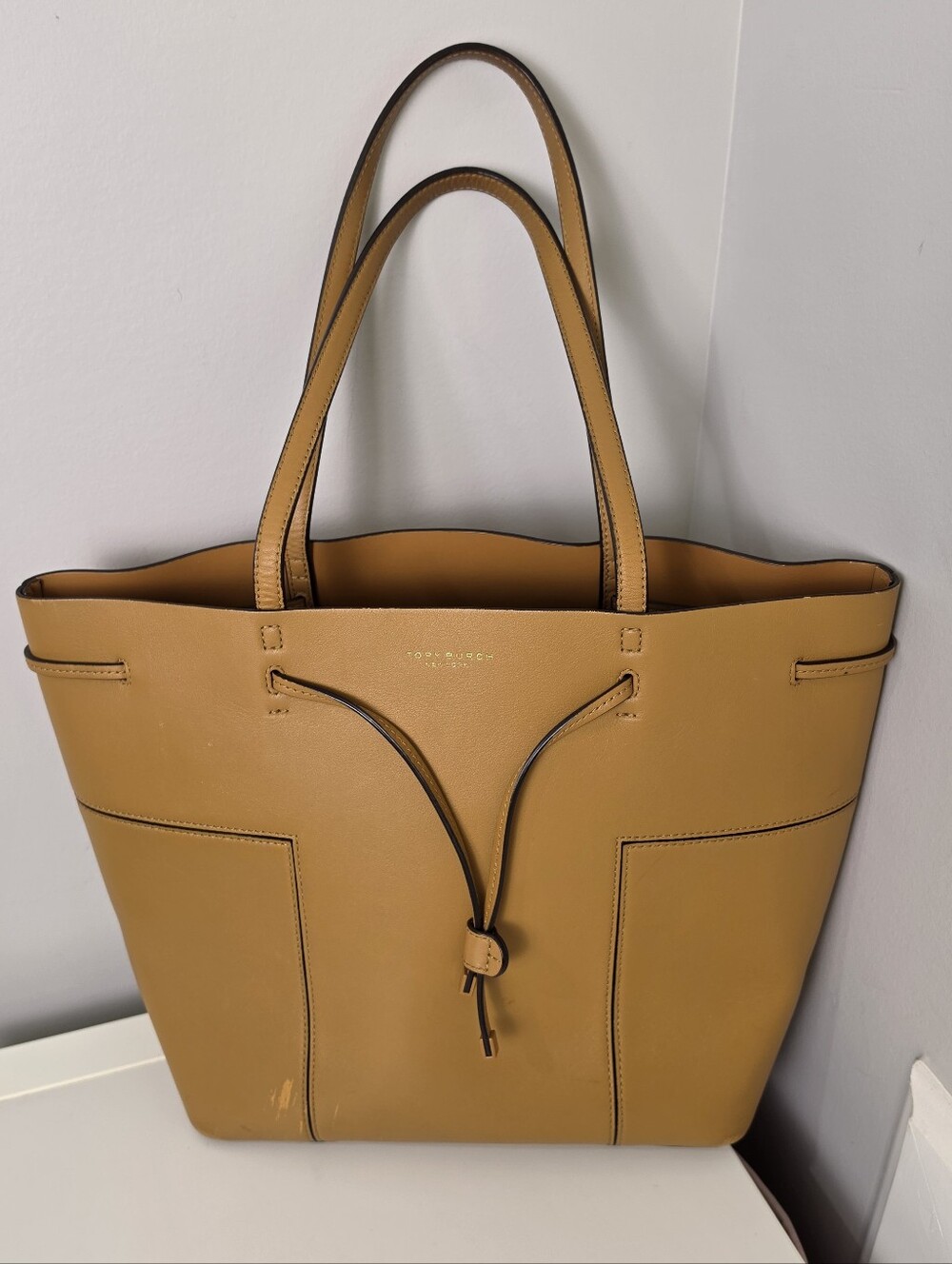 Tory Burch Brown Tan Leather Drawstring Tote Shoulder Everyday Bag